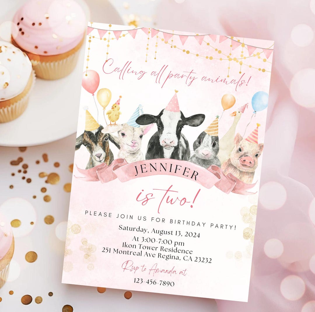 Editable Pink Farm Animals Birthday Invitation Girl Barn Animals ...