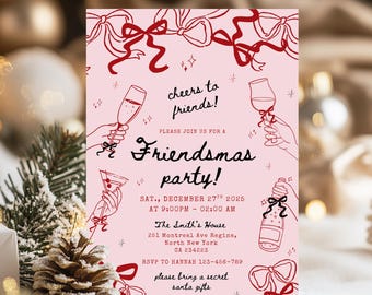 Op de afbeelding: Een roze Friendsmas-feestuitnodiging met rode lijntekeningen van strikken, champagneglazen en flessen. De tekst luidt "cheers to friends!" en geeft de datum, tijd en locatie van het feest. De uitnodiging bevat ook een RSVP en een verzoek om geheime kerstcadeaus.