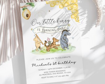 Classic Winnie the Pooh Birthday Invitation A Little Hunny 1st Birthday Invite Our Little Hunny First Birthday Invitation