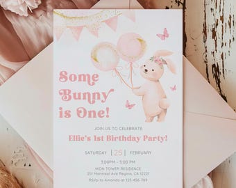 Some Bunny is One Invitation, Pink Bunny is Turning One verjaardagsuitnodiging, Sparkles and Gold Bunny Evite, Bunny and Flowers