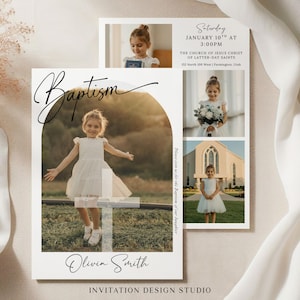 May include: Baptism invitation featuring a young girl in a white dress. The invitation includes the text "Baptism", "Olivia Smith", and event details: Saturday, January 10th at 3:00 PM, at The Church of Jesus Christ of Latter-day Saints.