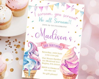 Editable Ice Cream Birthday Invitation Blush Pink Cute Invite Ice Cream Party Printable Invite