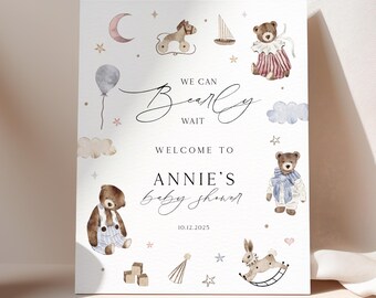 Editable Brown Teddy Bear Balloon Baby Shower Welcome Sign, We Can Bearly Wait Party Decoration Board, Gender Neutral Poster