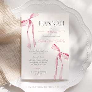 Pink Bow 1st Birthday Invitation Girl Coquette Bow First Birthday Invitation Blush Pink First Birthday Girl Invitation