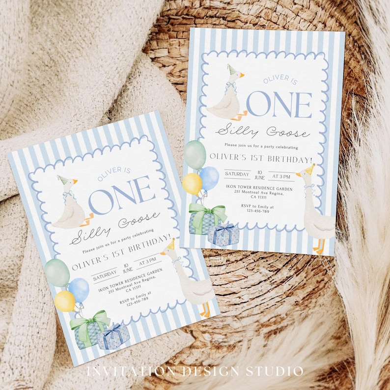 May include: Blue and white striped invitation with a watercolor illustration of a goose wearing a party hat. The text reads "Oliver is One Silly Goose" and includes details for a first birthday party.