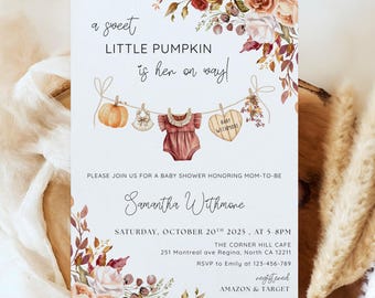 Fall Pumpkin Baby Shower Invitation, A Sweet Little Pumpkin is On The Way Invite, Boho Rustic Girl Baby Clothes Baby Shower Invite