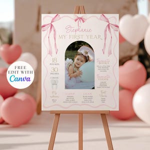 May include: A pink and white first birthday sign on a wooden easel. The sign features a photo of a baby, the name "Stephanie", and details including 18 pounds, 30 inches, and favorite things.