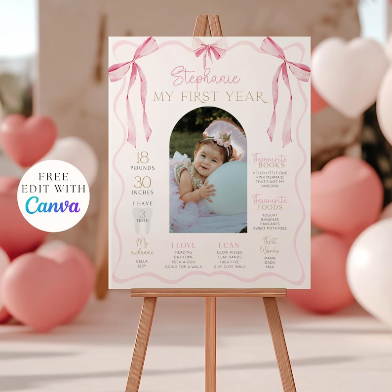May include: A pink and white first birthday sign on a wooden easel. The sign features a photo of a baby, the name "Stephanie", and details including 18 pounds, 30 inches, and favorite things.