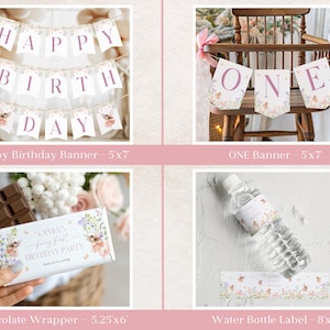 Pode incluir: Decora&ccedil;&otilde;es de festa, incluindo uma faixa "Happy Birthday", uma faixa "ONE", uma embalagem de chocolate e r&oacute;tulos de garrafa de &aacute;gua. As faixas t&ecirc;m letras roxas e ilustra&ccedil;&otilde;es de fadas. A embalagem de chocolate e os r&oacute;tulos t&ecirc;m um design floral.