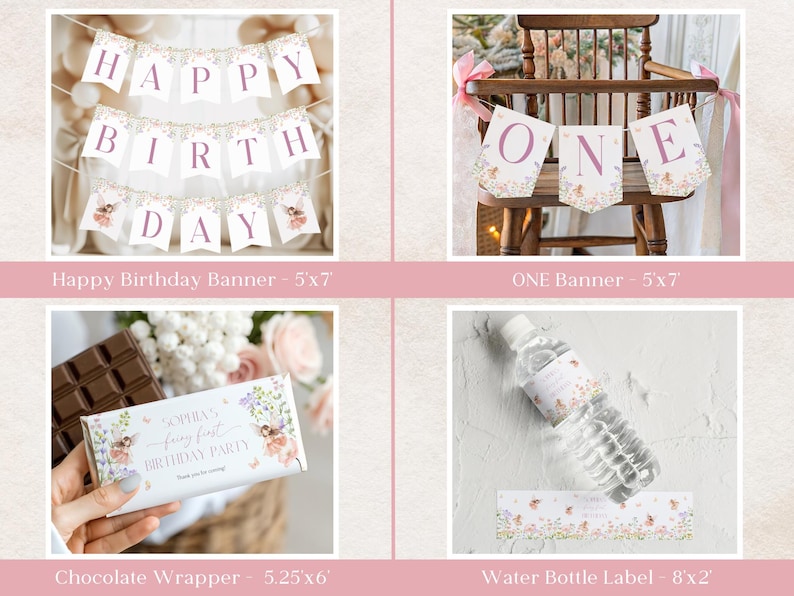 Pode incluir: Decora&ccedil;&otilde;es de festa, incluindo uma faixa "Happy Birthday", uma faixa "ONE", uma embalagem de chocolate e r&oacute;tulos de garrafa de &aacute;gua. As faixas t&ecirc;m letras roxas e ilustra&ccedil;&otilde;es de fadas. A embalagem de chocolate e os r&oacute;tulos t&ecirc;m um design floral.
