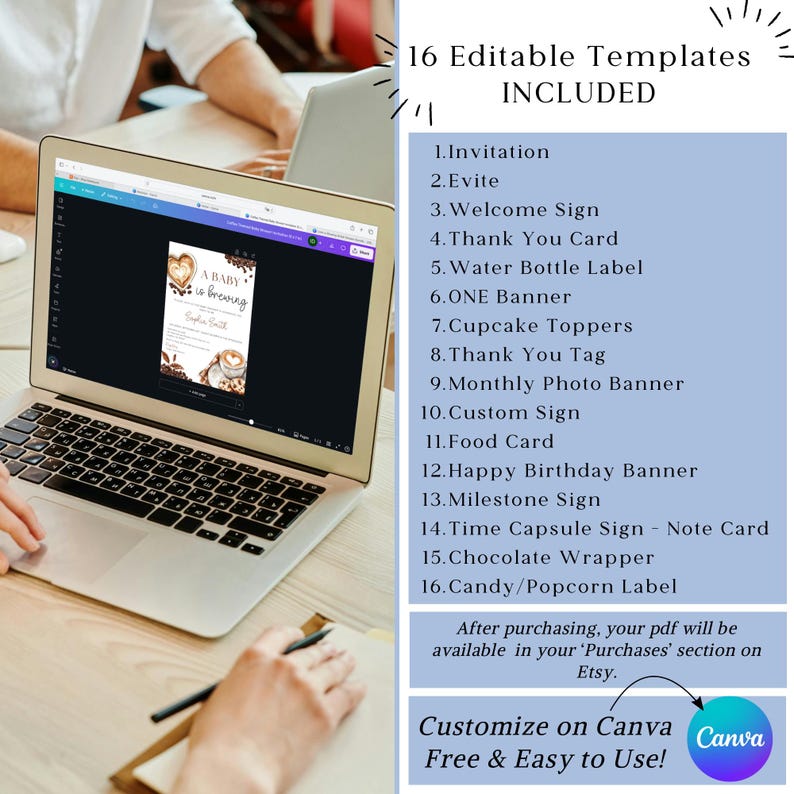 May include: A laptop displays a baby shower invitation template with coffee-themed graphics. The image highlights 16 editable templates, including invitations, banners, and labels. Text on the screen reads "A Baby is Brewing." The Canva logo is visible.