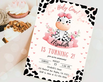 Cute Holy Cow Birthday Invitation Pink Boho Holy Cow Birthday Invitation Editable Highland Cow Invite