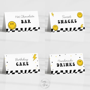 Cartão de lugar de aniversário de um cara feliz, rosto sorridente, barraca de comida de aniversário, rótulo de comida de um cara legal, modelo editável