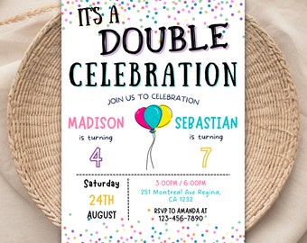 Könnte beinhalten: Eine farbenfrohe Geburtstagseinladung mit Konfetti und Ballons für eine Doppelfeier. Es ist eine Doppelfeier, feiern Sie mit uns. Madison wird 4 Jahre alt und Sebastian wird 7 Jahre alt. Samstag, 24. August, 15:00 - 18:00 Uhr, 251 Montreal Ave Regina, CA 1232. RSVP an Amanda unter 123-456-7890.