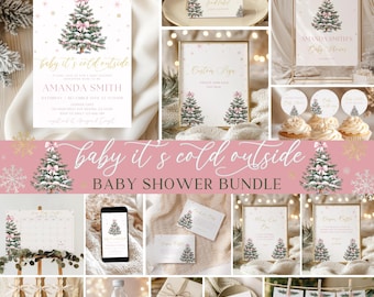 Editable Baby Its Cold Outside Baby Shower Bundle, Pink Christmas Baby Shower Invitation Bundle, Baby Girl Winter Baby Shower Decorations