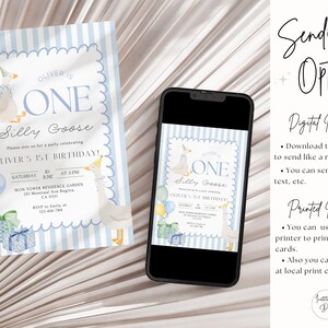 May include: A blue and white striped invitation with a cartoon goose wearing a party hat. The invitation says "Oliver is One Silly Goose" and includes details for Oliver's 1st birthday party.