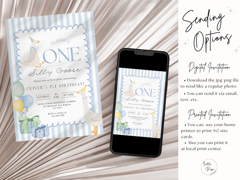 May include: A blue and white striped invitation with a cartoon goose wearing a party hat. The invitation says "Oliver is One Silly Goose" and includes details for Oliver's 1st birthday party.