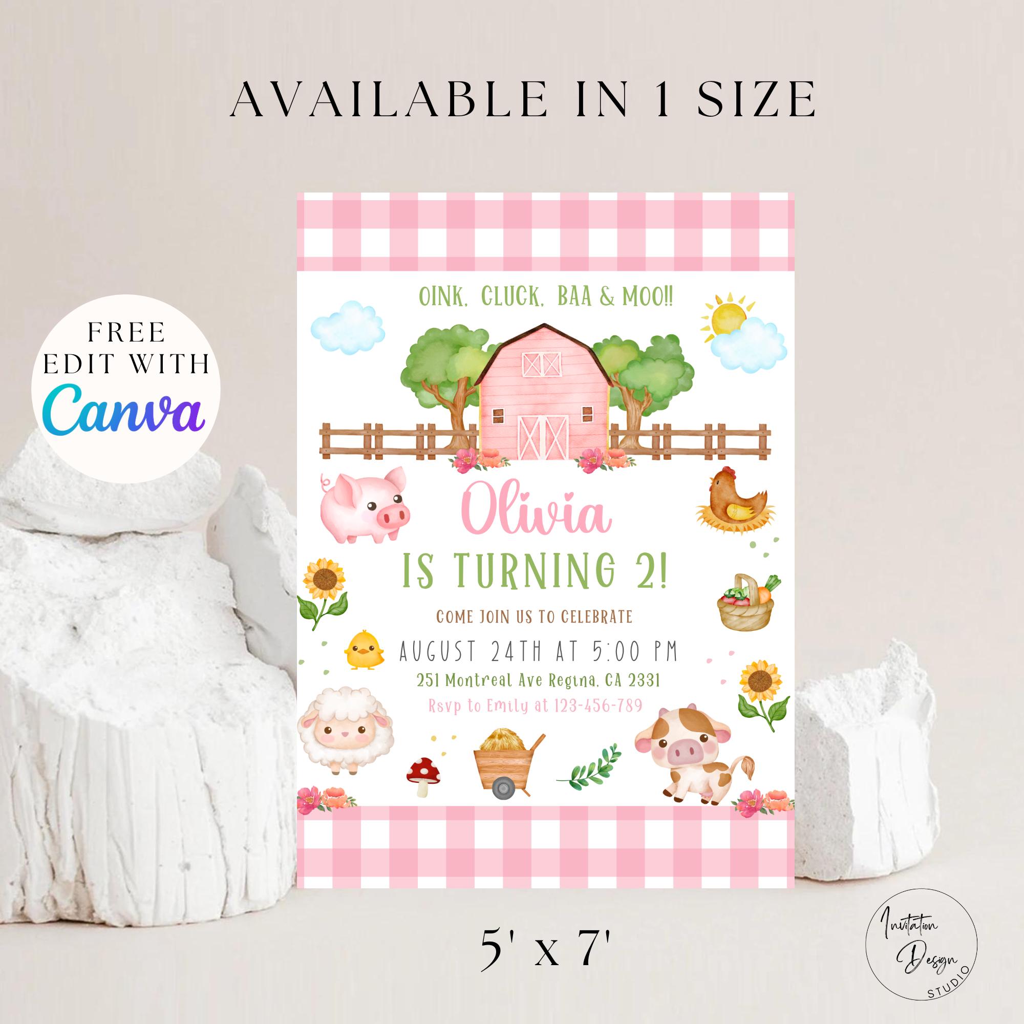 Pink Farm Animals Birthday Invitation Editable Farm Animals Invite Girl ...