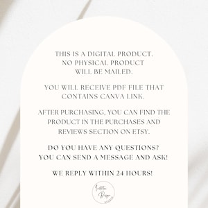 May include: A digital product announcement on a white background. Text includes details about receiving a PDF file with a Canva link after purchase, and where to find the product on Etsy. It also mentions a 24-hour response time for questions.