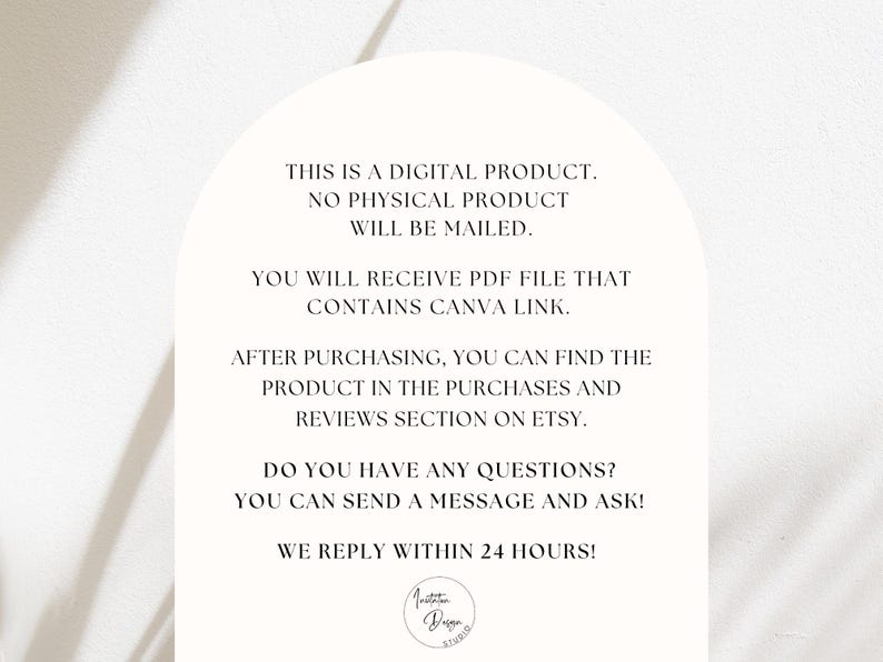 May include: A digital product announcement on a white background. Text includes details about receiving a PDF file with a Canva link after purchase, and where to find the product on Etsy. It also mentions a 24-hour response time for questions.