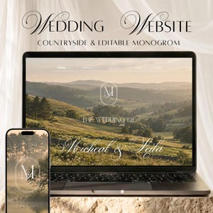 May include: A laptop and a smartphone displaying a wedding website template with a countryside landscape background. The screen features the text "WEDDING WEBSITE", "COUNTRYSIDE & EDITABLE MONOGRAM", "THE WEDDING OF", and the names "Micheal & Leila".