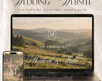 Página web de boda campestre con monograma editable, página web de boda con estética de la vieja aristocracia con formulario de confirmación de asistencia, plantilla de sitio web de Canva