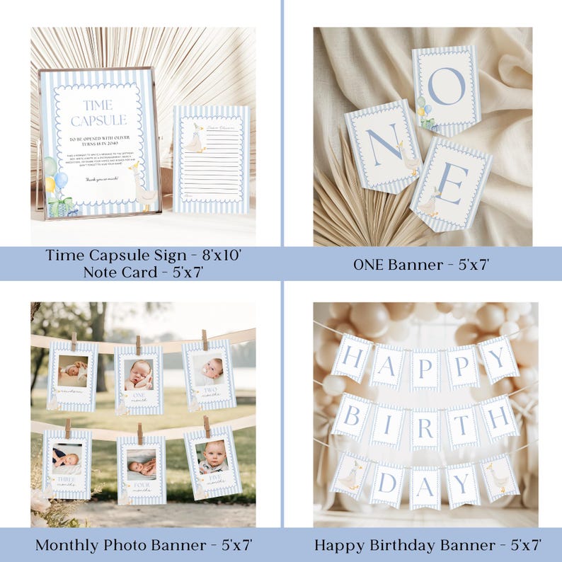 May include: A collection of baby shower decorations in a soft blue and white color scheme. Includes a time capsule sign, note card, "ONE" banner, monthly photo banner, and a "Happy Birthday" banner. Each item features a bunny illustration.