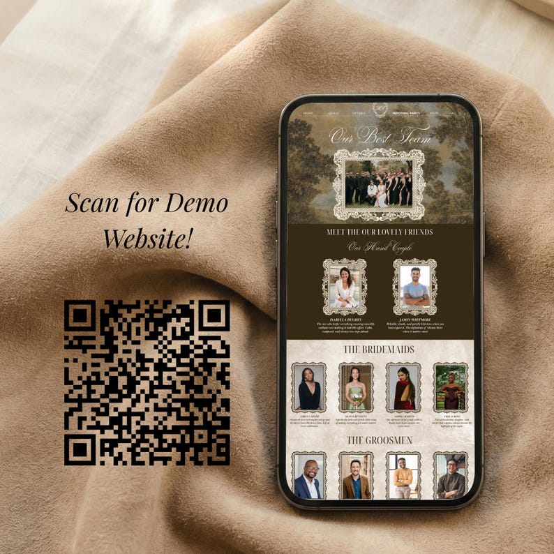 May include: A smartphone displaying a wedding website template with a dark brown color scheme, ornate gold-toned picture frames around photos, and the text Scan for Demo Website! next to a large black and white QR code on a tan fabric background.