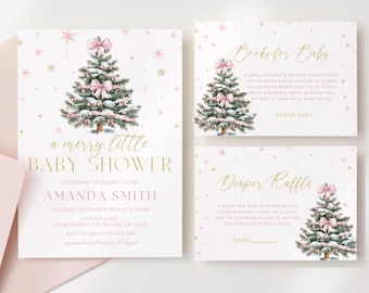 May include: A set of three printable baby shower invitations with a winter theme. The invitations feature a pink and gold colour scheme with a watercolour illustration of a Christmas tree decorated with pink bows and snow. The text on the invitations reads "a merry little baby shower", "Books for Baby", and "Diaper Raffle".