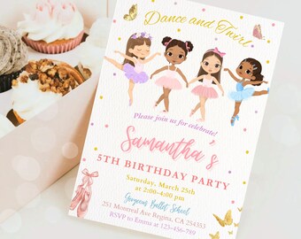 May include: A pink and gold invitation with a butterfly design. The invitation says "Dance and Swirl" and "Samantha's 5th Birthday Party". It includes the date, time, and location of the party.