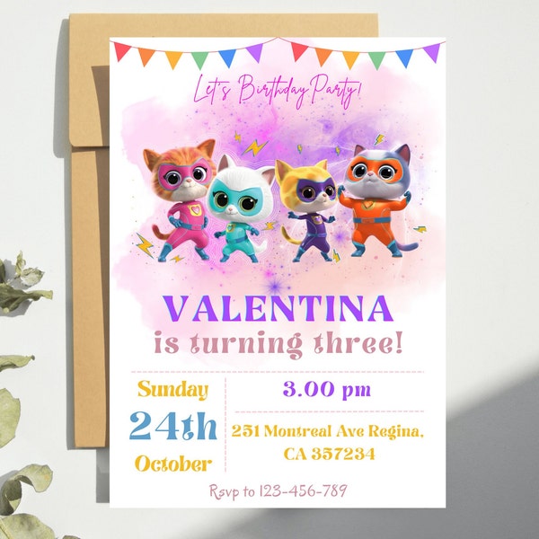 Editable Super Kitty Birthday Invitation - SuperKitties Party Invite SuperKitties Invite SuperKitties Party Theme