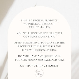 May include: A digital product announcement on a white background. Text includes details about receiving a PDF file with a Canva link, and where to find the product after purchase. It also states that questions are welcome and replies are within 24 hours. The logo of Invitation Design Studio is at the bottom.