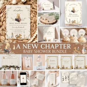 May include: A baby shower bundle with Winnie the Pooh theme. The set includes invitations, welcome signs, and cupcake toppers. The design features soft colours and the text "A New Chapter". The items are designed for a baby shower.