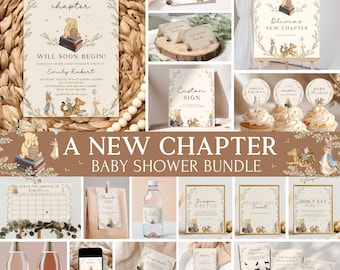 May include: A collection of baby shower stationery featuring Winnie the Pooh illustrations. Includes invitations, welcome signs, cupcake toppers, and other coordinating items. The theme is "A New Chapter" with soft, neutral colors and whimsical designs.