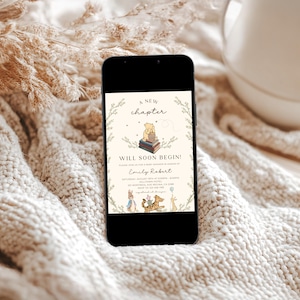May include: A Winnie the Pooh themed baby shower invitation on a smartphone screen. The invitation features a cartoon illustration of Winnie the Pooh sitting on a stack of books with the text "A new chapter will soon begin!" and the name "Emily Robert".