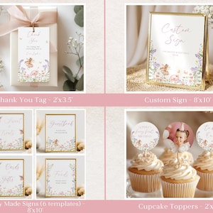 Pode incluir: Um conjunto de decora&ccedil;&otilde;es de festa com tema floral e de fadas. Inclui uma etiqueta de agradecimento, um letreiro personalizado, letreiros prontos e toppers de cupcake. Os letreiros medem 20,3 x 25,4 cm, e os toppers de cupcake medem 5,1 x 5,1 cm.