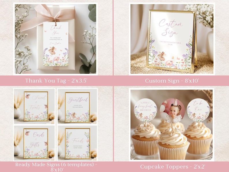 Pode incluir: Um conjunto de decora&ccedil;&otilde;es de festa com tema floral e de fadas. Inclui uma etiqueta de agradecimento, um letreiro personalizado, letreiros prontos e toppers de cupcake. Os letreiros medem 20,3 x 25,4 cm, e os toppers de cupcake medem 5,1 x 5,1 cm.