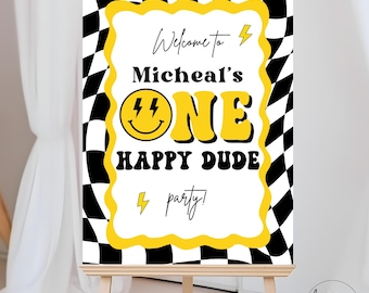 One Happy Dude Signo de bienvenida Rayo Sonrisa Signo de bienvenida Cara sonriente Cumpleaños Plantilla editable