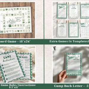 May include: A collection of party games with a camping theme. Includes a board game (18"x24"), extra games (5"x7"), game rules (8.5"x11"), and a camp bach letter (5"x7"). The games feature a green and white color scheme with camping-related graphics.