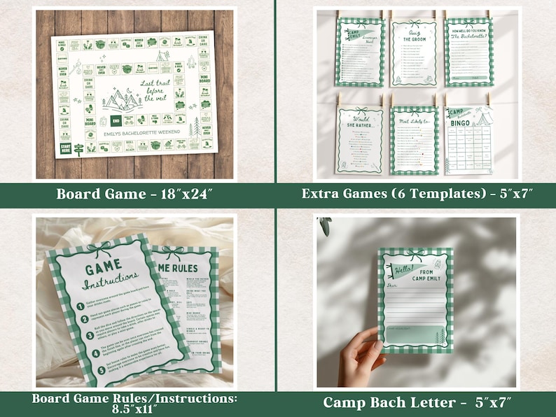 May include: A collection of party games with a camping theme. Includes a board game (18"x24"), extra games (5"x7"), game rules (8.5"x11"), and a camp bach letter (5"x7"). The games feature a green and white color scheme with camping-related graphics.