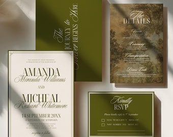 Luxury Olive Green Wedding Invitation Suite, Old Money Aesthetic Wedding Bundle, Olive Green Canva Wedding Invite Suite