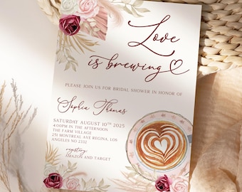 Invitación para despedida de soltera "El amor está gestando", invitación con temática de café, invitación editable para fiesta de amantes del café