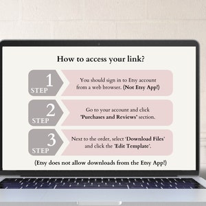 May include: A laptop screen displays instructions on how to access a link on Etsy. The steps are numbered and include signing in from a web browser, going to the Purchases and Reviews section, and downloading files. The background is a white desk with sticky notes.