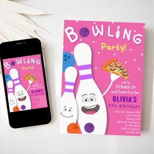 Editable Pink Bowling Birthday Invitation Pizza And Bowling Invitation Pizza Party Invite Kids Birthday Evite