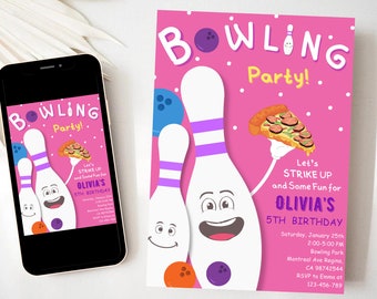 Editable Pink Bowling Birthday Invitation Pizza And Bowling Invitation Pizza Party Invite Kids Birthday Evite