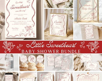 May include: A baby shower bundle with a red and cream color scheme. The bundle includes invitations, signs, cupcake toppers, and game cards. The text includes "Our little Sweetheart is on the way!" and "Baby Shower Bundle."