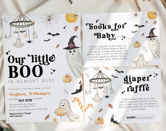 May include: Baby shower invitations with a Halloween theme. The invitations feature a ghost wearing a witch hat, pumpkins, bats, and the text "Our little BOO is almost due!" and "Books for Baby".