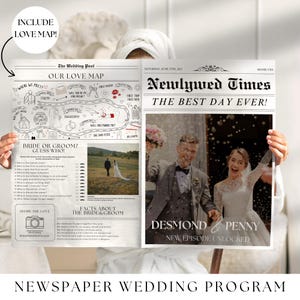 Könnte beinhalten: Ein Hochzeits-Programm im Zeitungs-Stil mit einem schwarz-weißen Design. Das Programm zeigt ein Foto des Brautpaares, eine Liebeskarte und ein Quiz für Braut oder Bräutigam. Die Überschrift lautet "Newlywed Times" und "The Best Day Ever!" Die Namen des Paares sind Desmond und Penny.