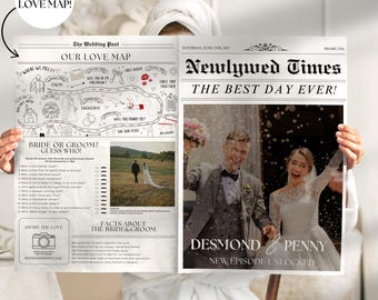 Hochzeit-Zeitungsvorlage mit Foto, druckbare Hochzeit-Infografik, Brautpaar Zeiten, bearbeitbares Zeitungs-Hochzeitsprogramm