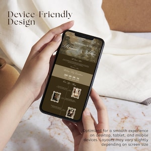 May include: A smartphone displaying a digital wedding invitation with a dark brown and beige color scheme. The screen shows the text The Wedding of Miranda & Alistair, a countdown timer, and three small framed photos in a vertical layout.